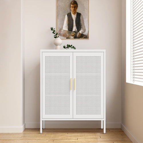 NO LOCK, Metal Storage Cabinet With 2 Doors And 2 Adjustable Shelves, Steel Storage Cabinet, Metal File Cabinet For Home Office School Gym, White