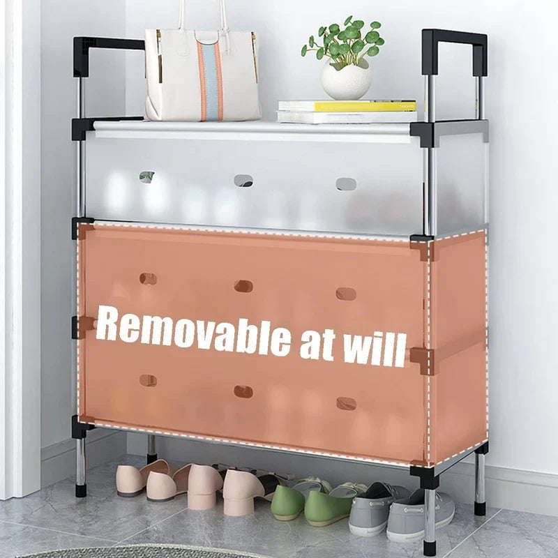 CSSV FILE multi-tier shoe organizer with multiple shelves for storing and organizing shoes efficiently.