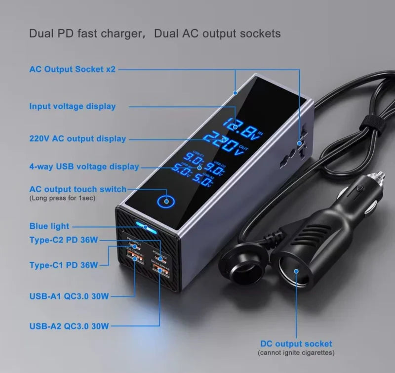 CSSV FILE Socket Car Power Inverter showing multiple AC and USB ports for vehicle power conversion and charging devices.