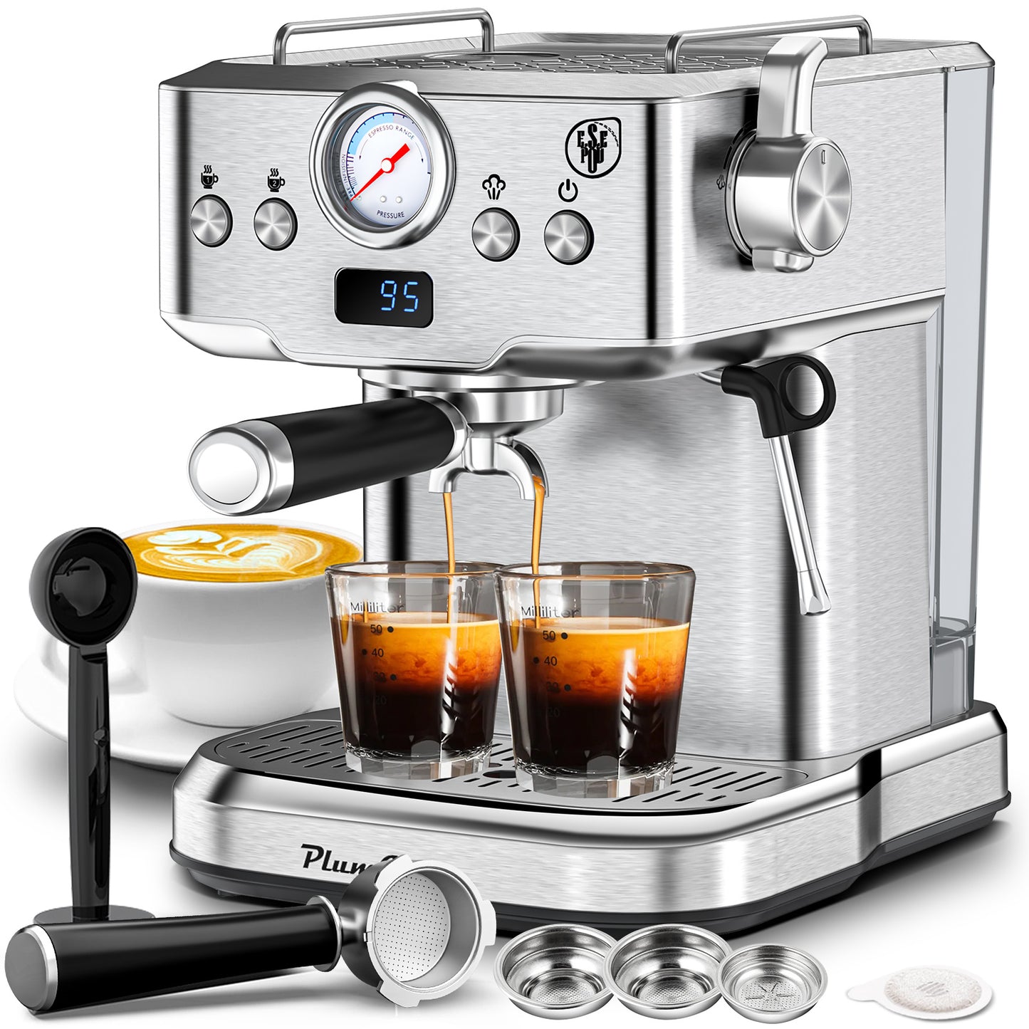 20 Bar Professional Espresso Machine With Milk Frother, Single & Double Shot, ESE Pod Compatible, Visual Display Of Pressure, Removable Water Tank For Cappuccino, Latte,  Machiato For Home Barista