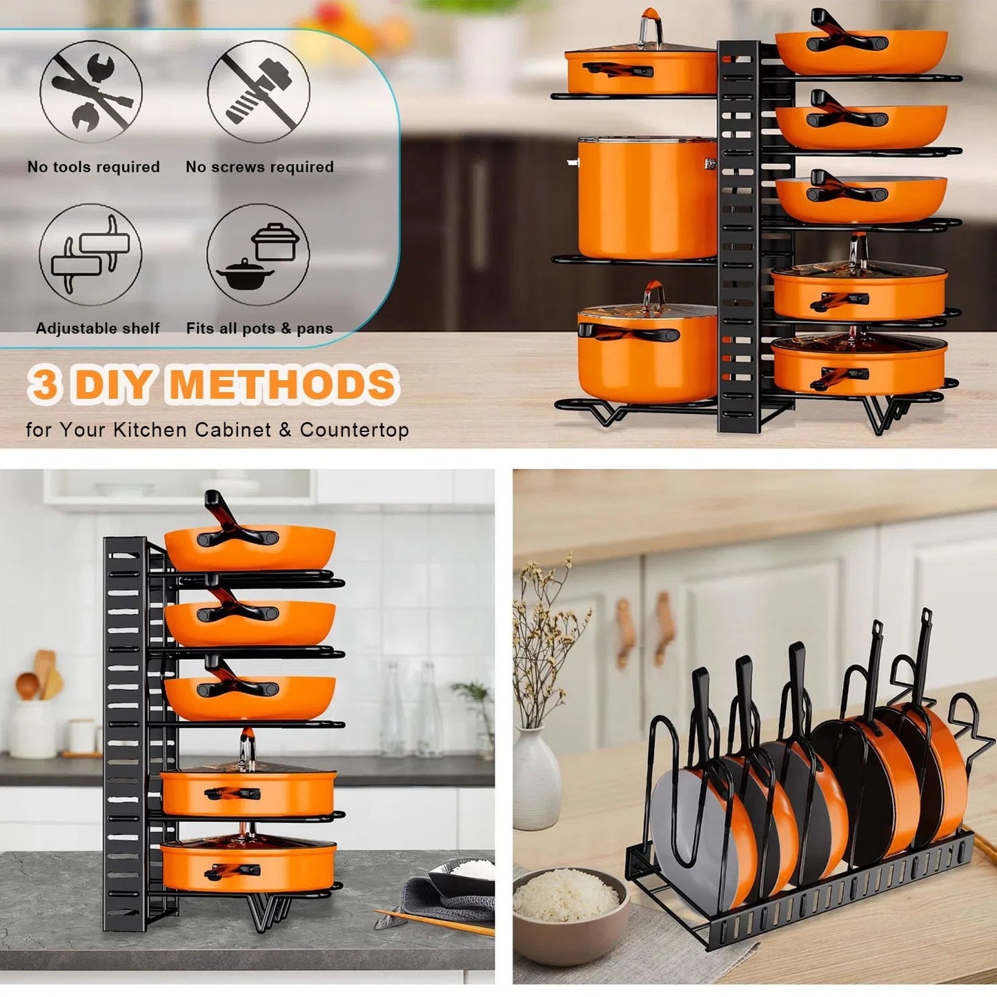 Pot Organizer Rack 8 Tiers Pots And Pans Organizer, Pot Lid Organizer For Kitchen Cabinet Cookware Organizers And Storage,