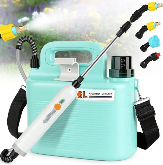 Electric garden sprayer 6L by CSSV FILE, showing a portable, battery-powered sprayer with a handle and nozzle for gardening.