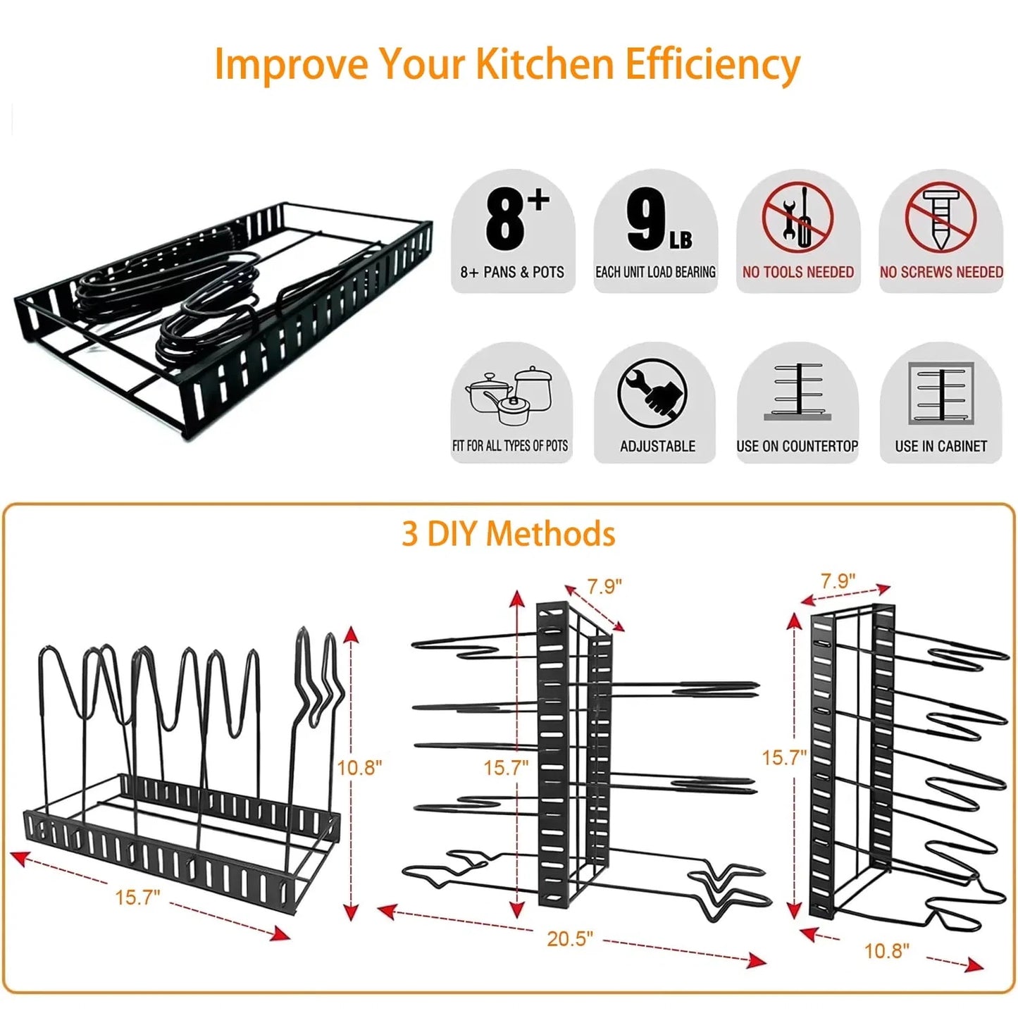 Pot Organizer Rack 8 Tiers Pots And Pans Organizer, Pot Lid Organizer For Kitchen Cabinet Cookware Organizers And Storage,