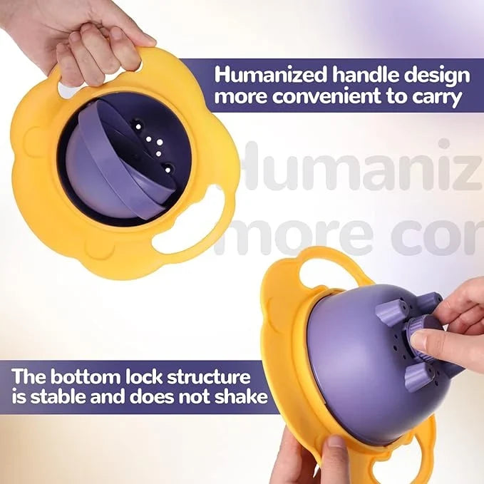 CSSV FILE baby spill-proof gyro bowl with colorful design, featuring a rotating lid to prevent spills during feeding.