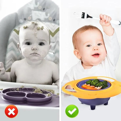 CSSV FILE baby spill-proof gyro bowl with colorful design, featuring a rotating lid to prevent spills during feeding.