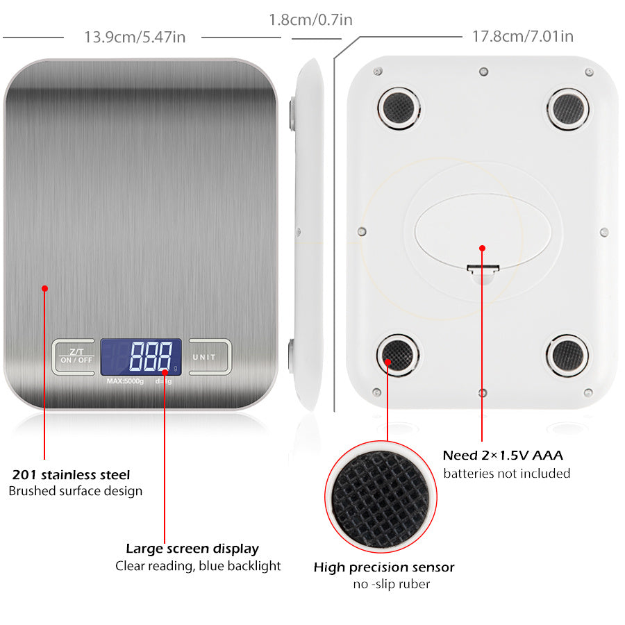 Digital Kitchen Scale – 5KG/11lb Electronic Food Scale with LCD Display & Stainless Steel Platform