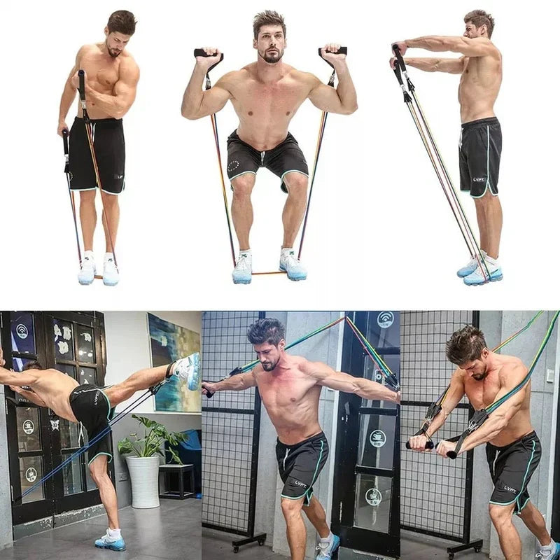 Set of CSSV FILE bodybuilding resistance bands with multiple color-coded elastic bands for strength training and muscle building.
