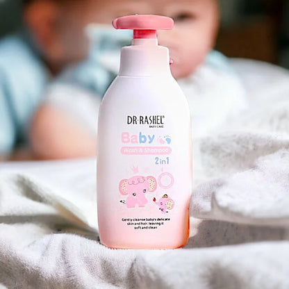 Dr Rashel 2-in-1 Baby Wash and Shampoo by CSSV FILE, gentle for baby's skin, with a clear bottle showing the product label.