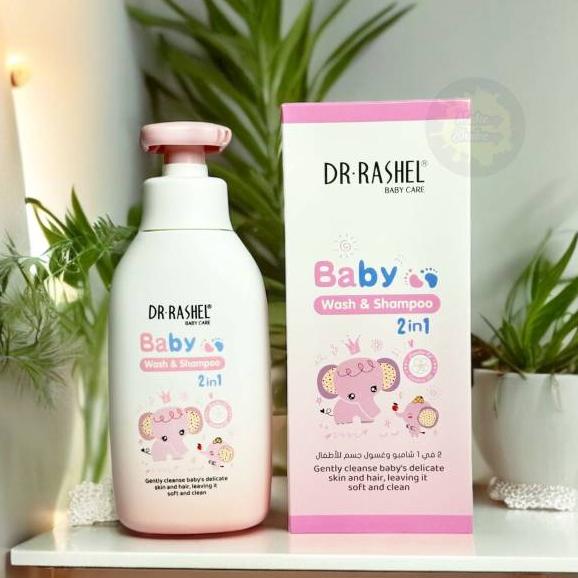 Dr Rashel 2-in-1 Baby Wash and Shampoo bottle, gentle and soothing for delicate baby skin and hair.