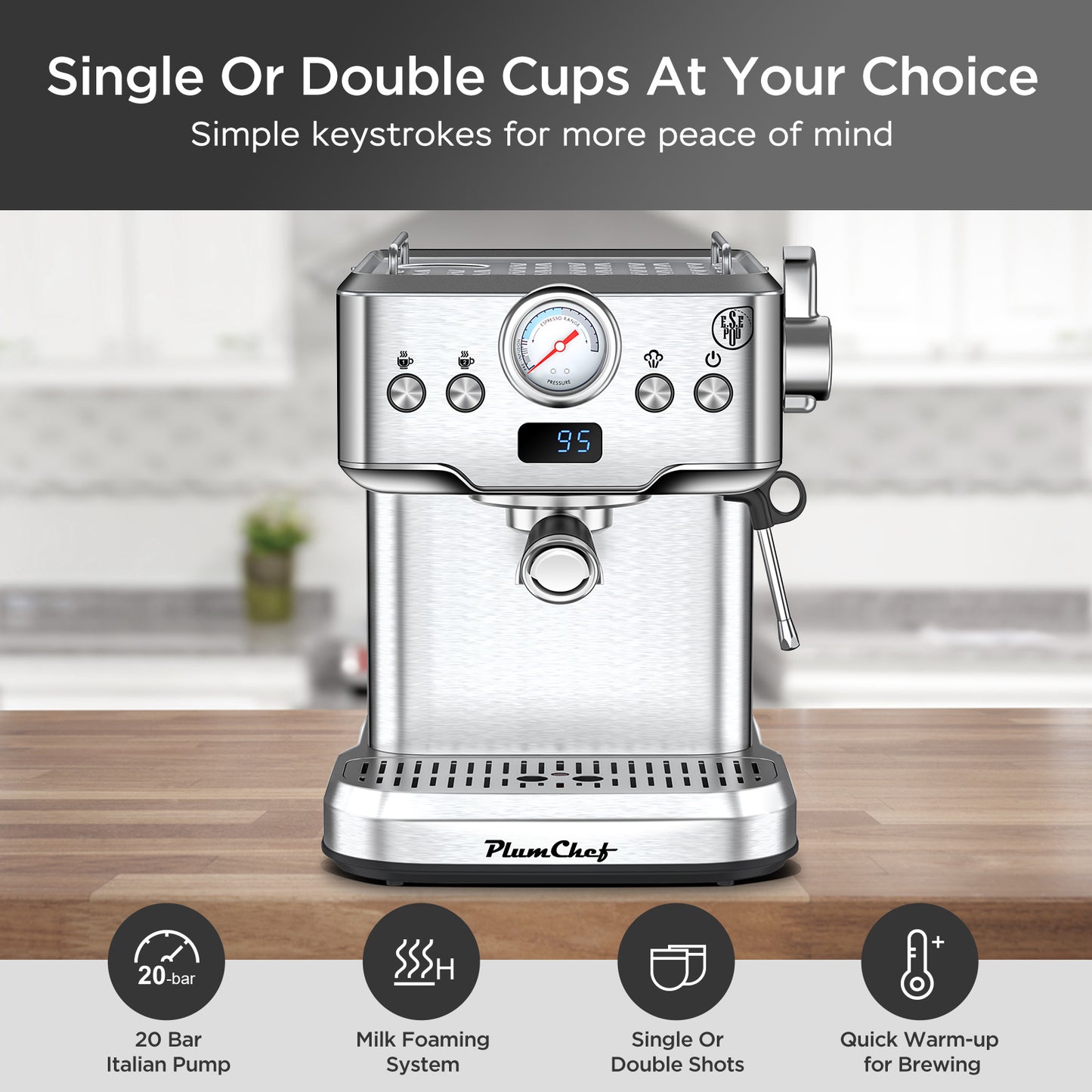 20 Bar Professional Espresso Machine With Milk Frother, Single & Double Shot, ESE Pod Compatible, Visual Display Of Pressure, Removable Water Tank For Cappuccino, Latte,  Machiato For Home Barista