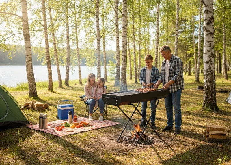 Foldable charcoal BBQ grill by CSSV FILE, compact and portable with grilling surface and foldable legs for easy storage.