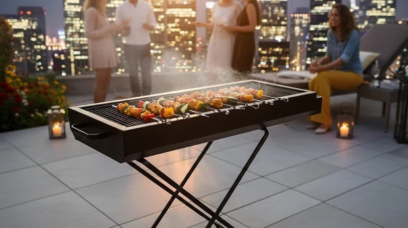 Foldable CSSV FILE charcoal BBQ grill with portable design, open view showing cooking grate and compact folding structure.
