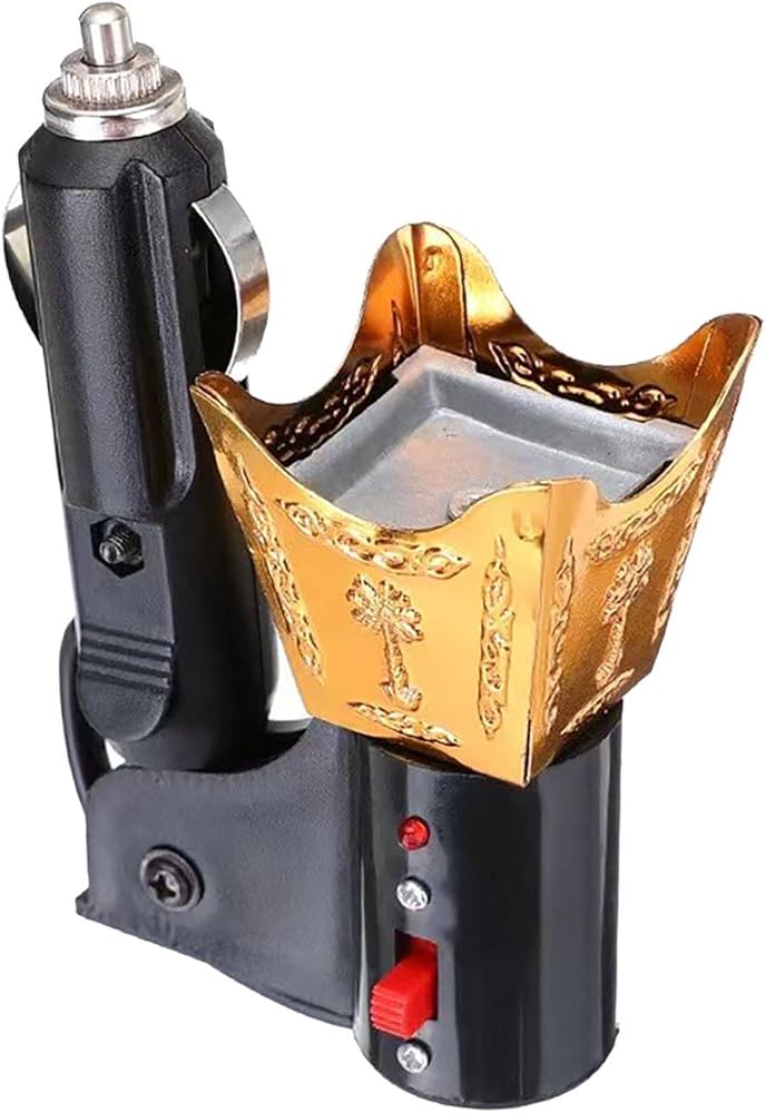 Portable CSSV FILE electric incense burner for cars, compact and easy-to-use device with glowing lights and incense holder.