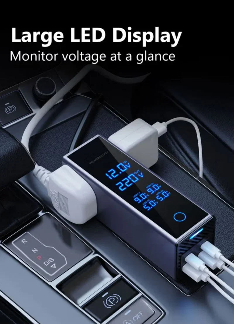 CSSV FILE socket car power inverter plugged into vehicle's cigarette lighter port for portable AC/DC power conversion.