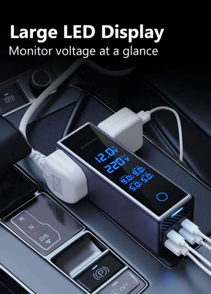 CSSV FILE socket car power inverter plugged into vehicle's cigarette lighter port for portable AC/DC power conversion.